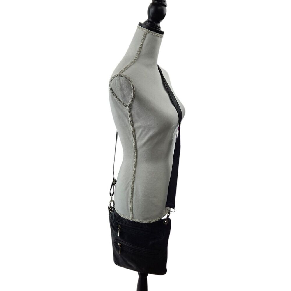 Margot Black Leather Crossbody Purse Wide Adjustable Strap Silver Tone Hardware